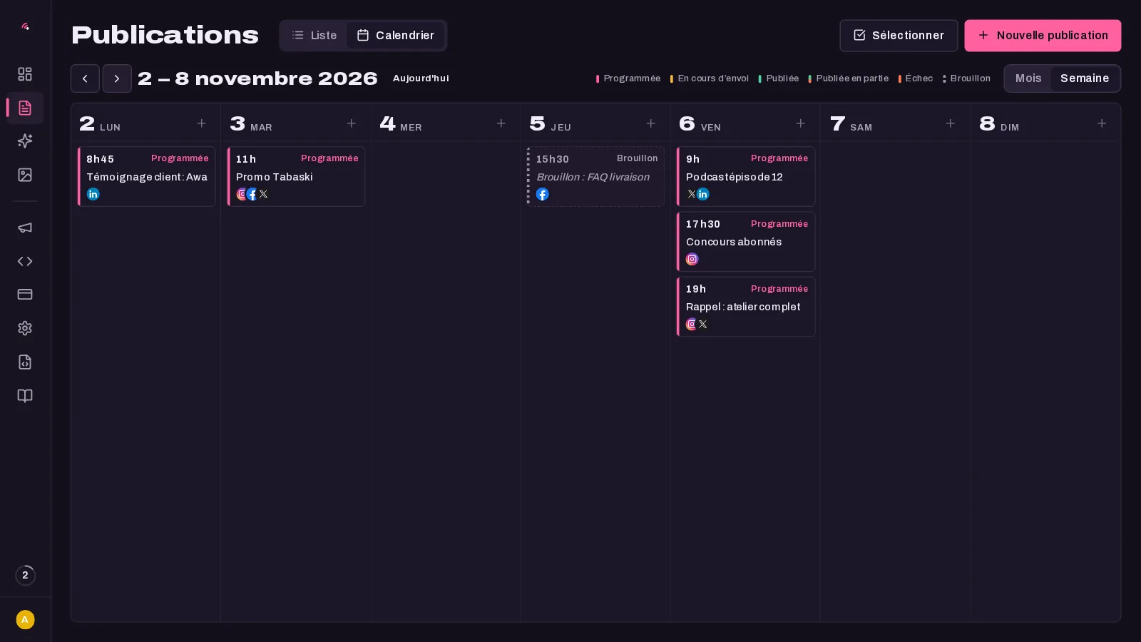 Le calendrier de Yégle, vue semaine, avec des publications programmées, publiées et en échec