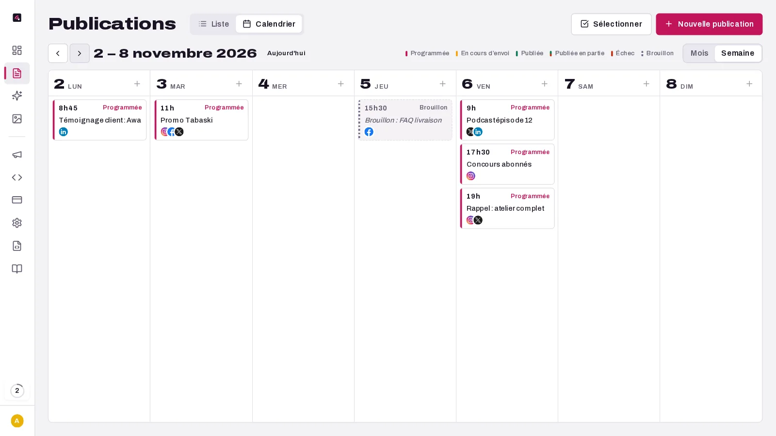 Le calendrier de Yégle, vue semaine, avec des publications programmées, publiées et en échec